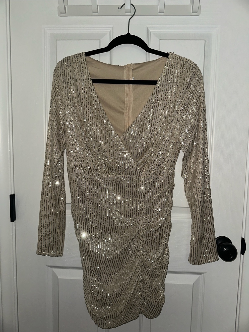 Metallic Champagne Sequin Wrap-Front Long Sleeve Dress